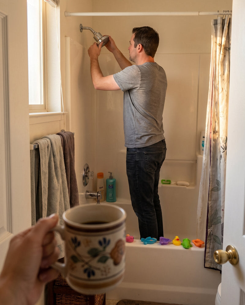 A man installing the Rinze showerhead while his partner watches with coffee