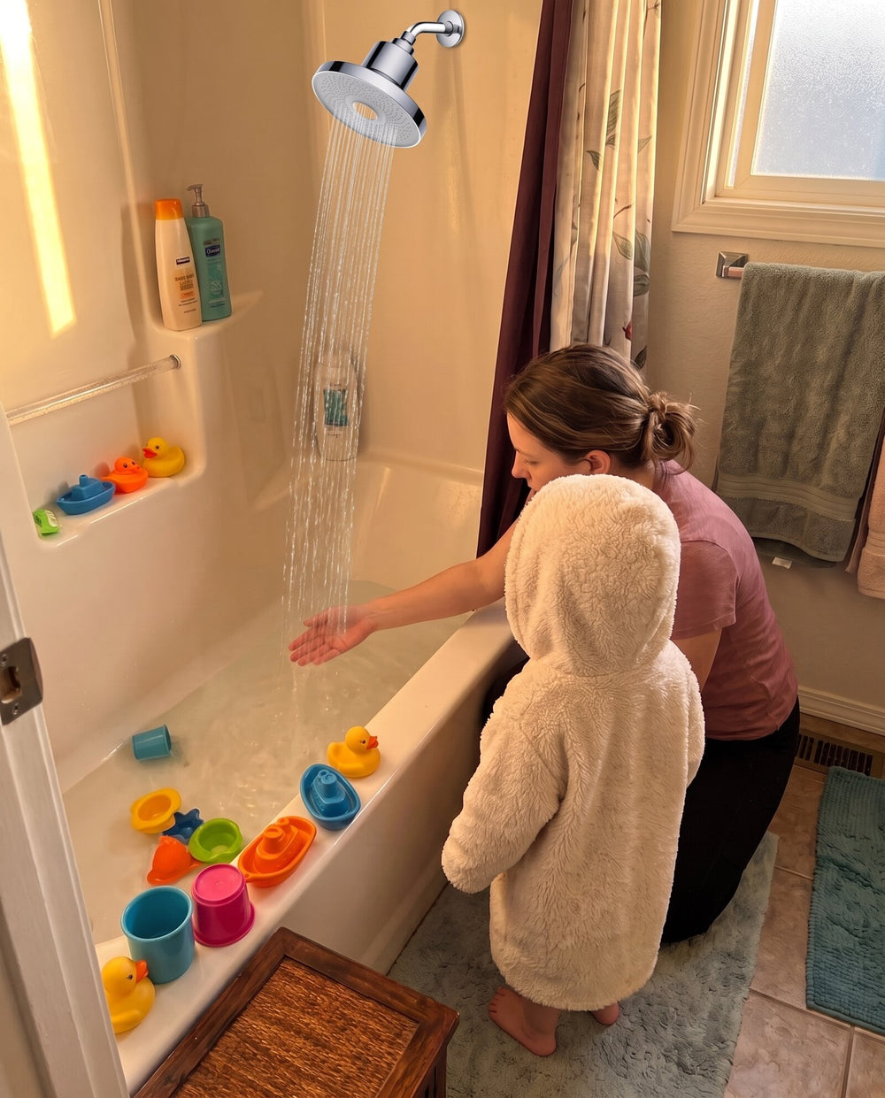 A mom testing bathwater as the tub fills under the Rinze showerhead