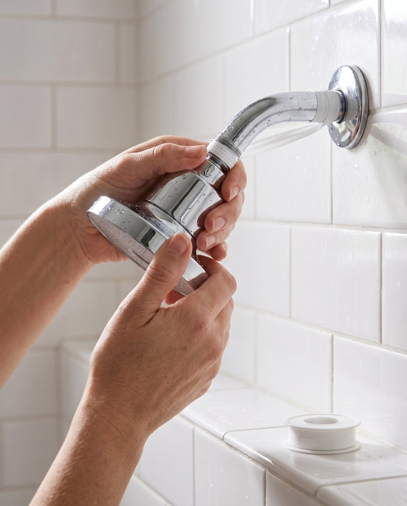 Hands screwing the Rinze showerhead onto a shower arm
